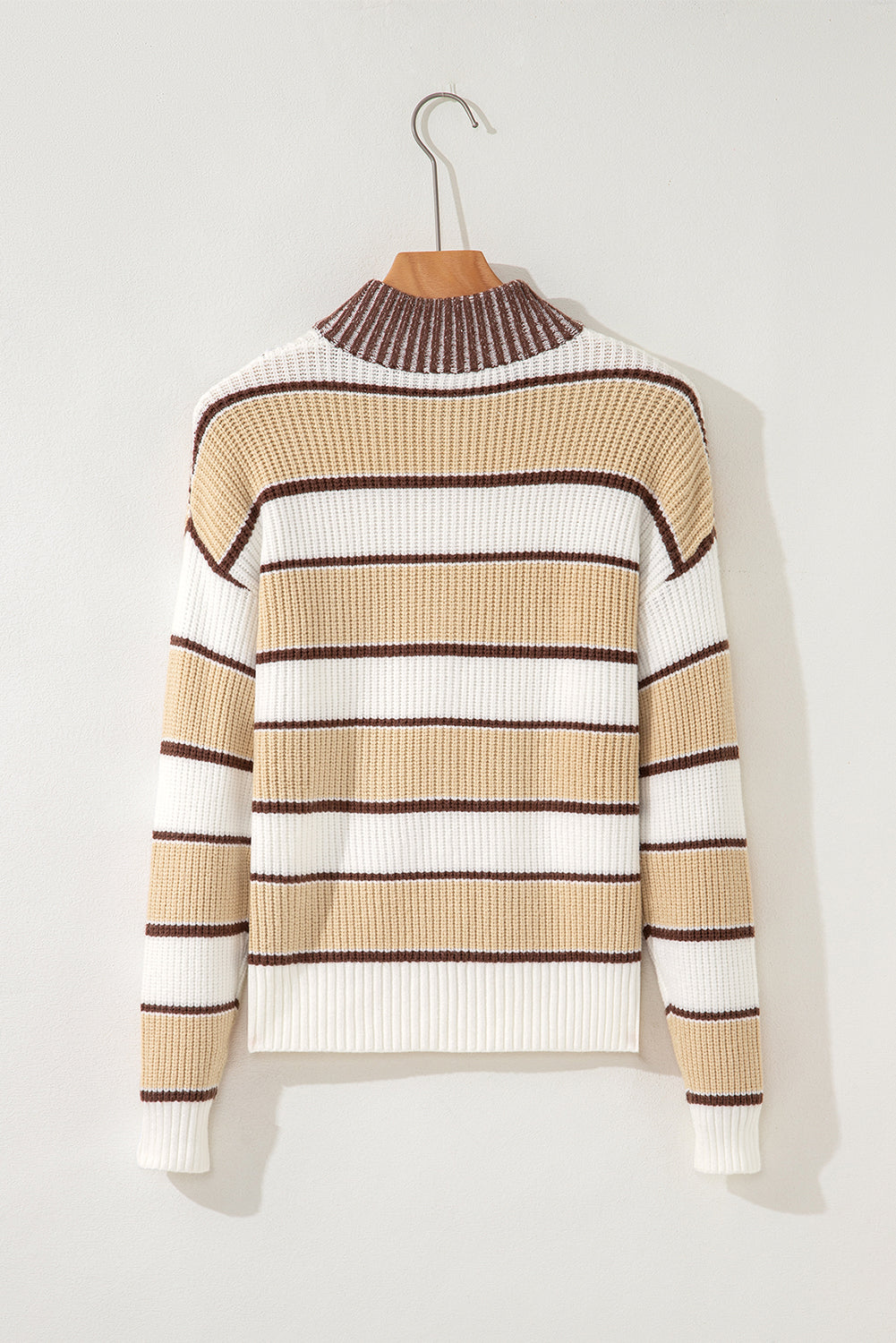 Khaki Stripe Half Zip Drop Shoulder Womens Sweater