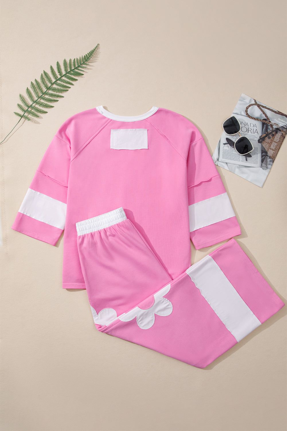 Orchid Bouquet Big Flower Patched Raw Seam Color Block 2 Piece Loose Pant Set