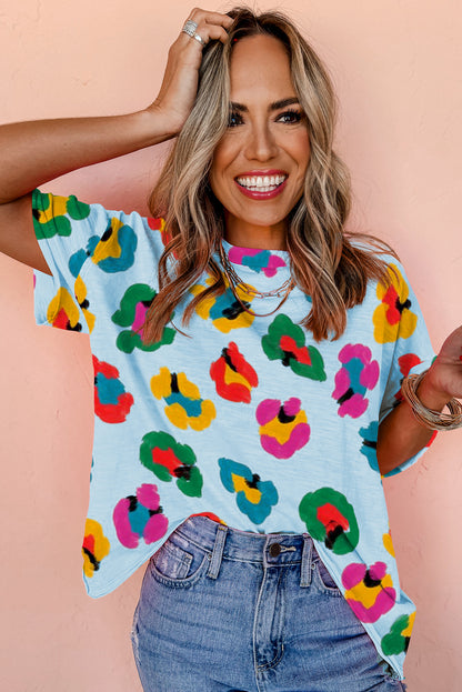 T-shirt oversize à épaules tombantes et motif léopard bleu ciel