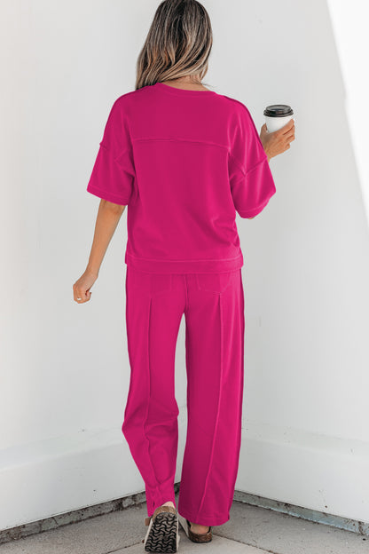 Rose Red Drop Shoulder Boxy Tee and Barrel Pants Set
