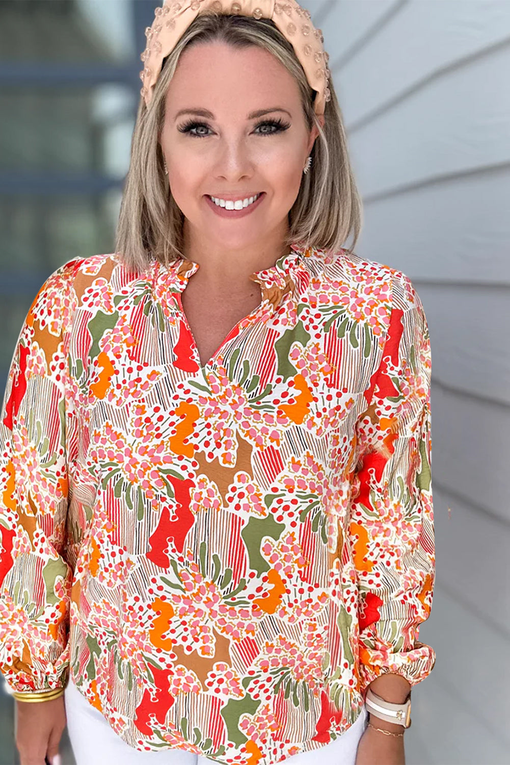 Orange Printed Floral Abstract Print Frilled V Neck Plus Size Blouse
