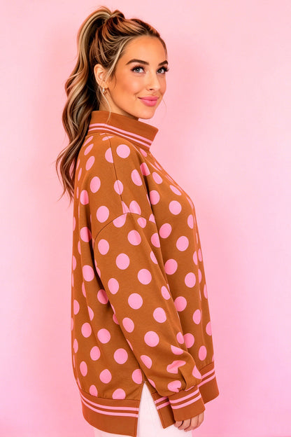 Brown Polka Dot Striped Trim Mock Neck Sweatshirt