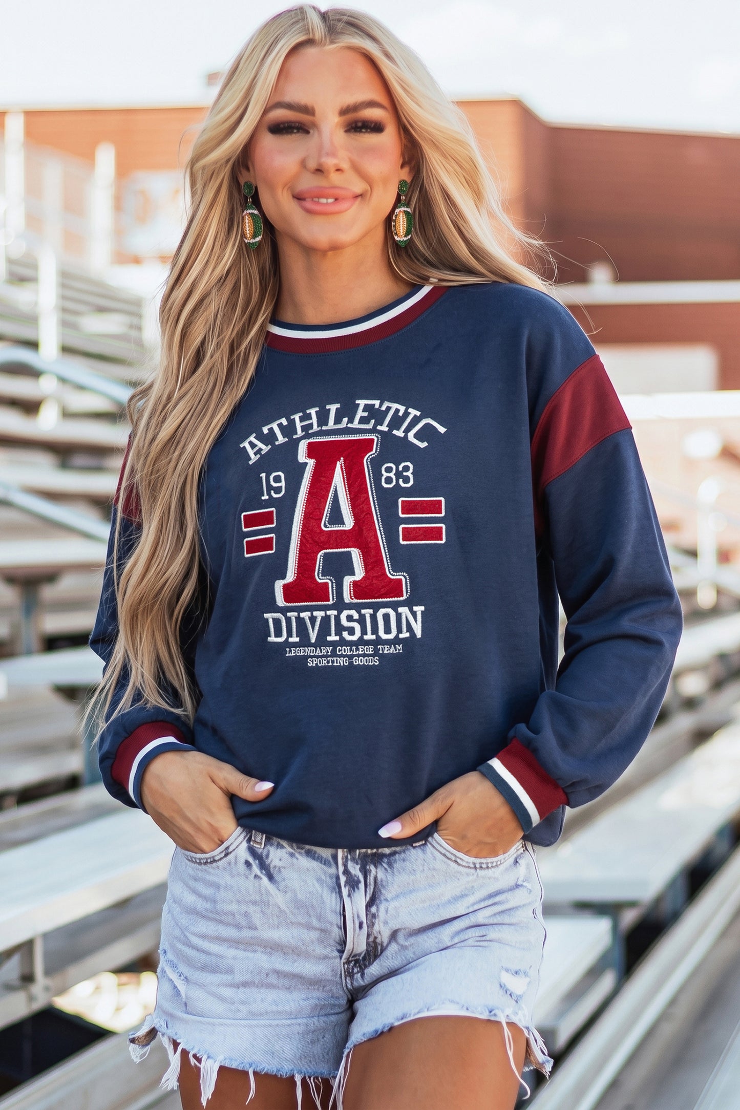 Sail Blue Patchwork Round Neck Long Sleeve Sweatshirt