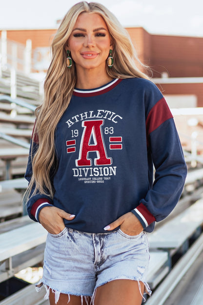 Sail Blue Patchwork Round Neck Long Sleeve Sweatshirt