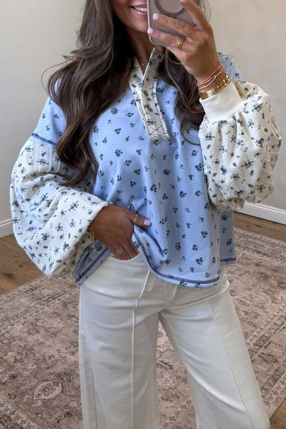 Sky Blue Floral Print Contrast Long Sleeve Tops