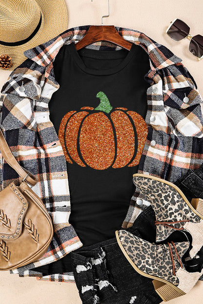 T-shirt d'Halloween noir scintillant avec motif citrouille
