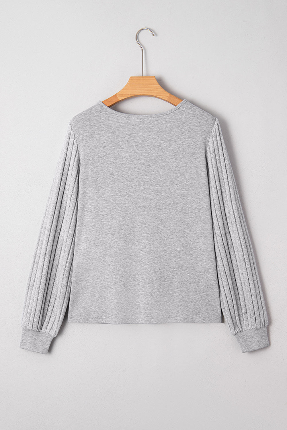 Gray Hollowed Lace Ribbed Knit Long Sleeve Patchwork Top