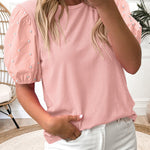Light Pink Ribbed Pearl Beaded Puff Sleeve Top