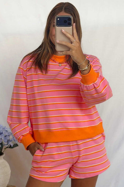 Rose Stripe Color Block Trim Long Sleeve Pullover Pocketed Shorts 2pcs Set
