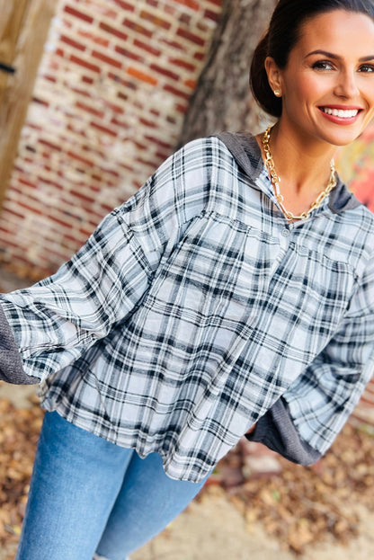 Gray Plaid Patchwork Long Sleeve Button Hooded Blouse