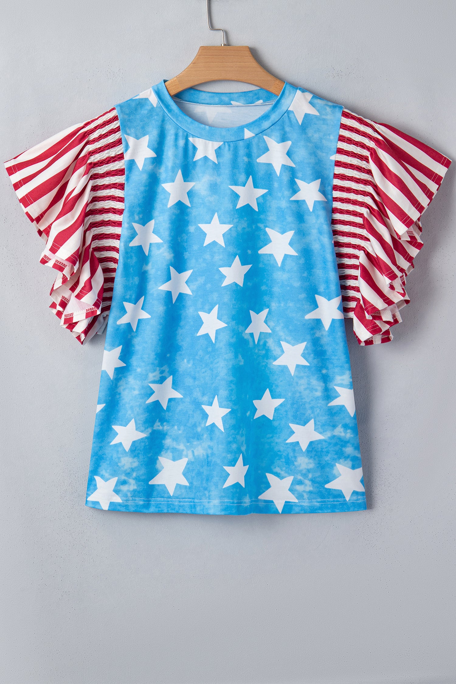 Sky Blue Vintage Star Print Striped Ruffle Sleeve Independence Day Top