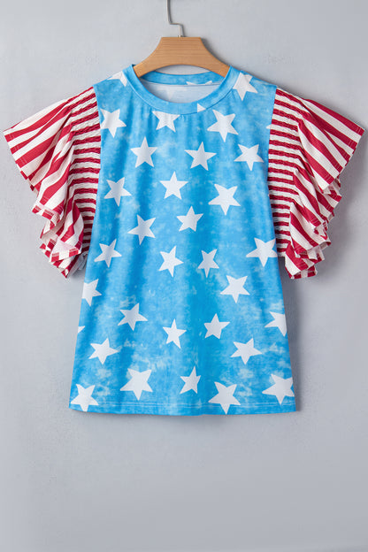 Sky Blue Vintage Star Print Striped Ruffle Sleeve Independence Day Top