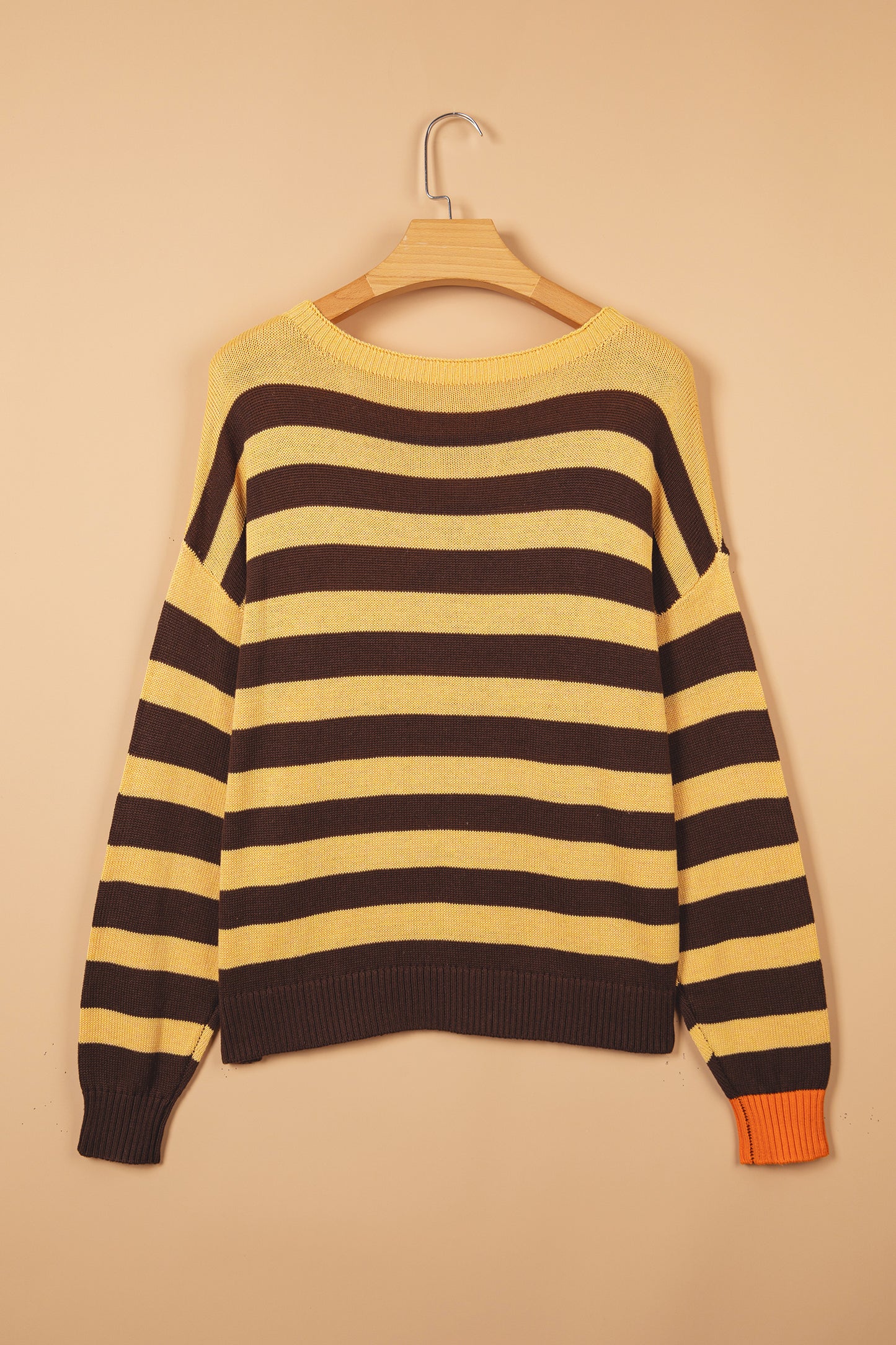 Brown Stripe Striped Drop Shoulder Colorblock Pullover Sweater