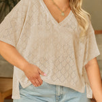 Golden Fleece Pointelle Rhombus Knit Plus Size V Neck Loose Top