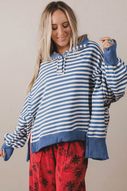Blue Stripe Color Block Trim Raw Seam Split Hem Loose Pullover Sweatshirt