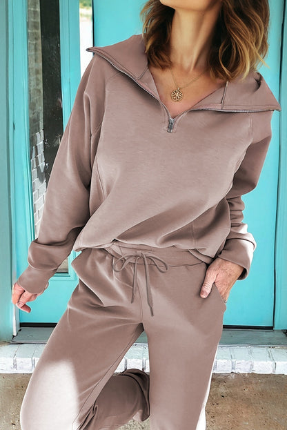Goat Zip Collar Long Sleeve Top Drawstring Pants Set