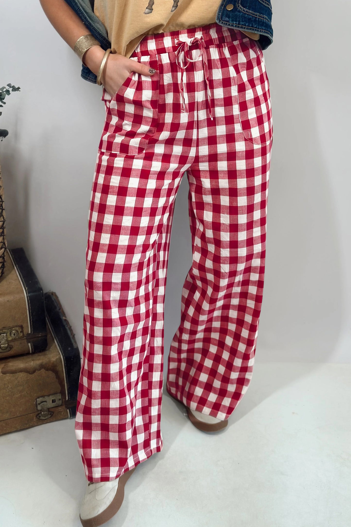 Red Gingham Plaid Tie Elastic Waist Shift Pants