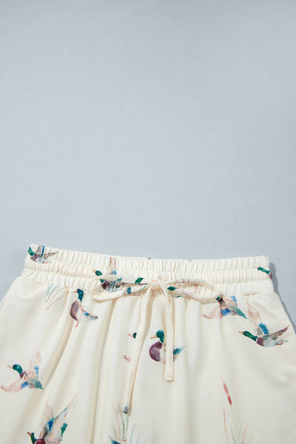 Beige Free Mallard Print Long Sleeve Top Drawstring Short Set