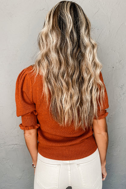 Haut à col carré et manches bouffantes en tricot texturé à flamme dorée