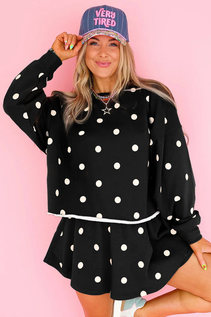 Black Polka Dot Raw Hem Relaxed Pullover Loose Skort Two Piece Set