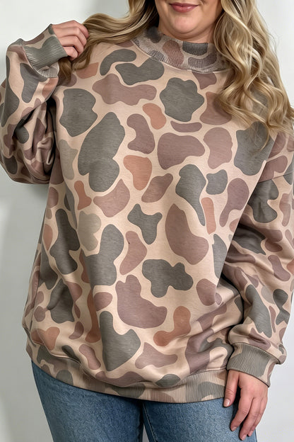Multicolour Camo Print Ribbed Mock Neck Plus Size Sweatshirt