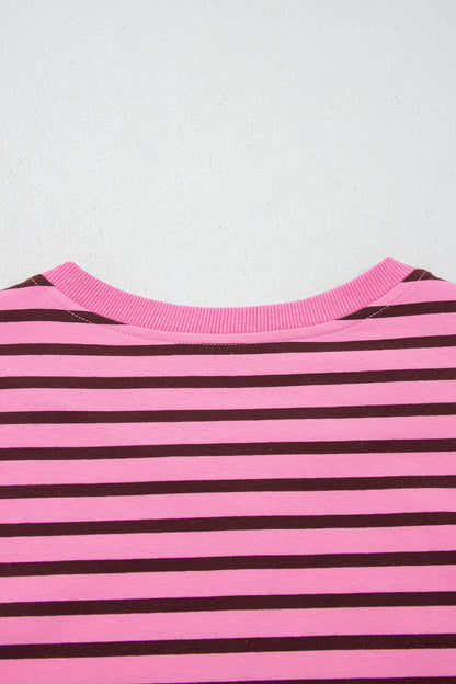 Pink Stripe V Neck Long Sleeve Drop Shoulder Blouse