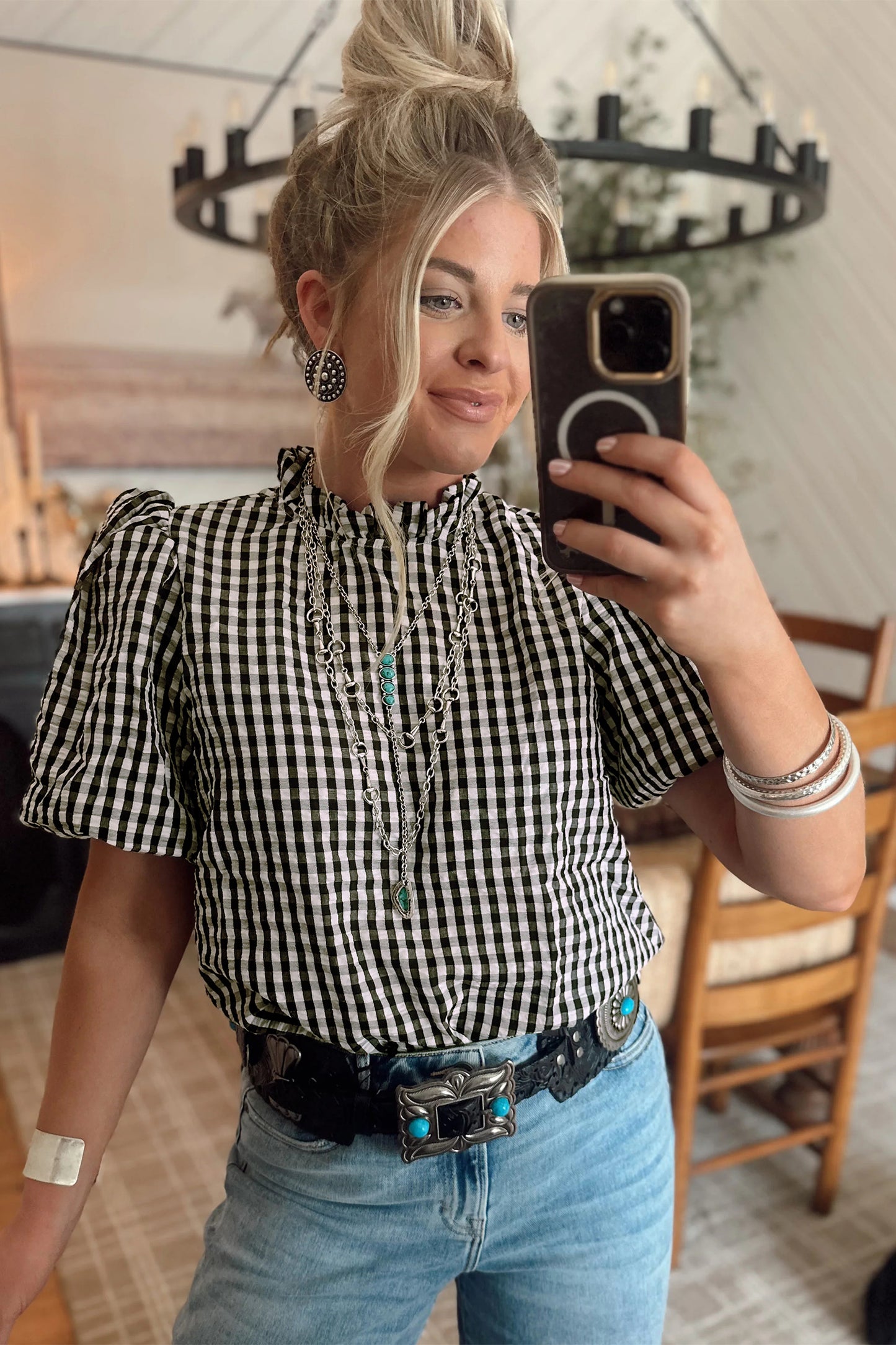 Black Plaid Short Puff Sleeve Frilled Neck Blouse
