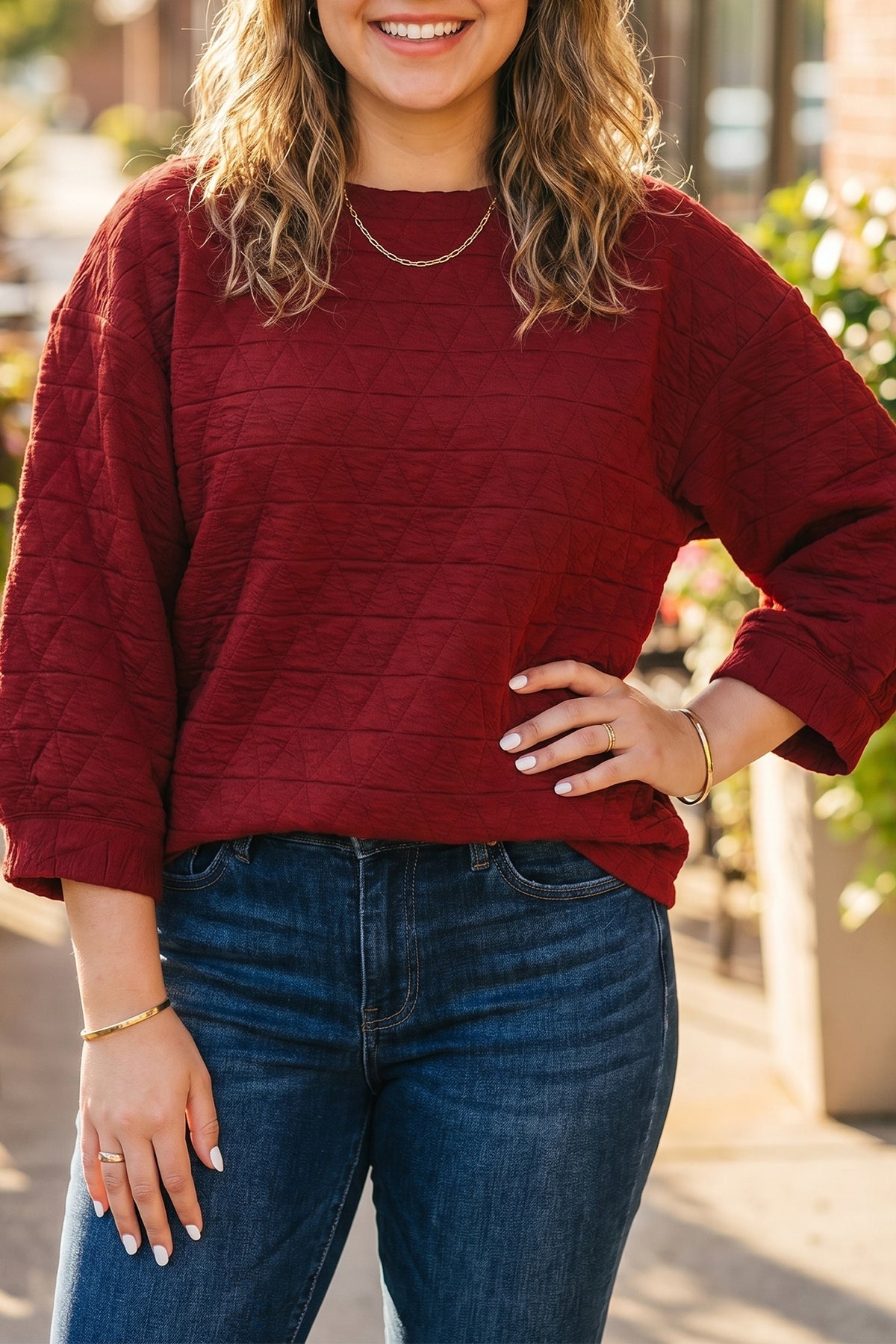 Racing Red Solid Round Neck Tunic Adjustable Cuffs Shift Plus Size Blouse