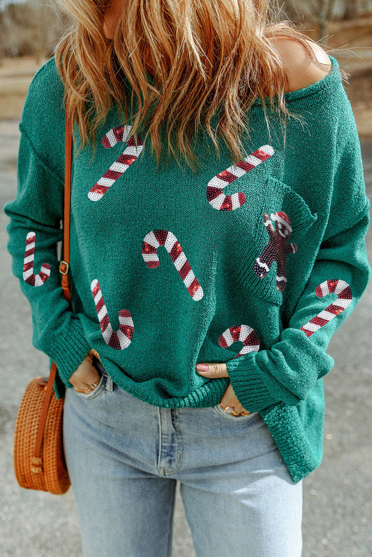 Suéter de hombre de jengibre con bastones de caramelo y lentejuelas verdes