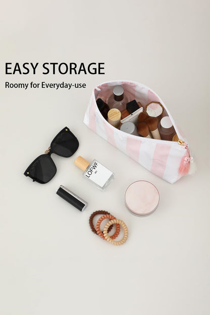 Light Pink Striped Vinyl Waterproof Tassel Zipper Makeup Bag
