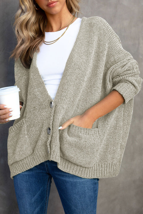 Cárdigan suéter con bolsillos delanteros y botones grises 