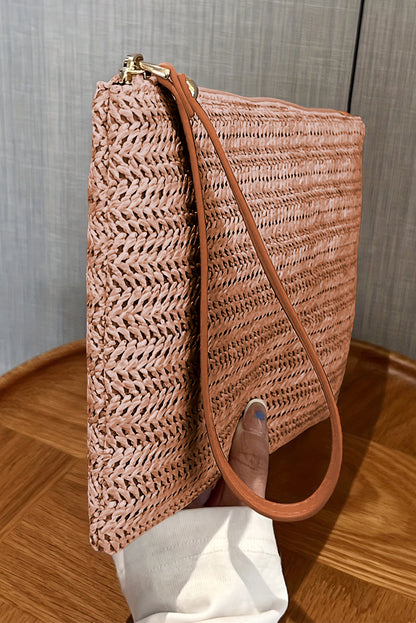 Chestnut Straw Woven Wrist Strap Zipper Large Wallet