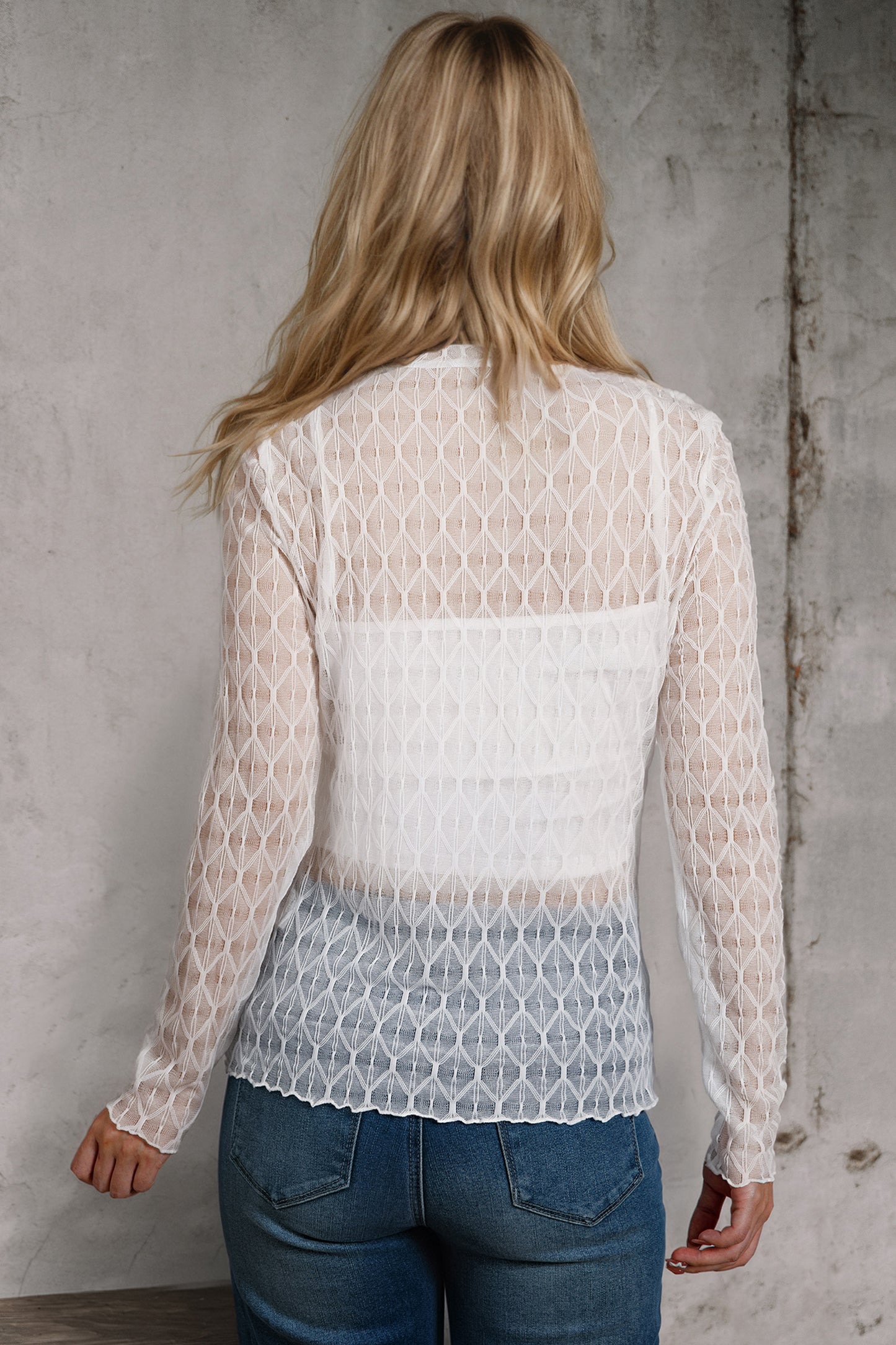 Coffee Sheer Mesh Patterned Lettuce Trim Slim Long Sleeve Top