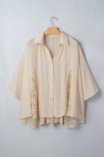 Oatmeal Sheer Lace Splicing Detail Bracelet Sleeve Loose Flowy Shirt