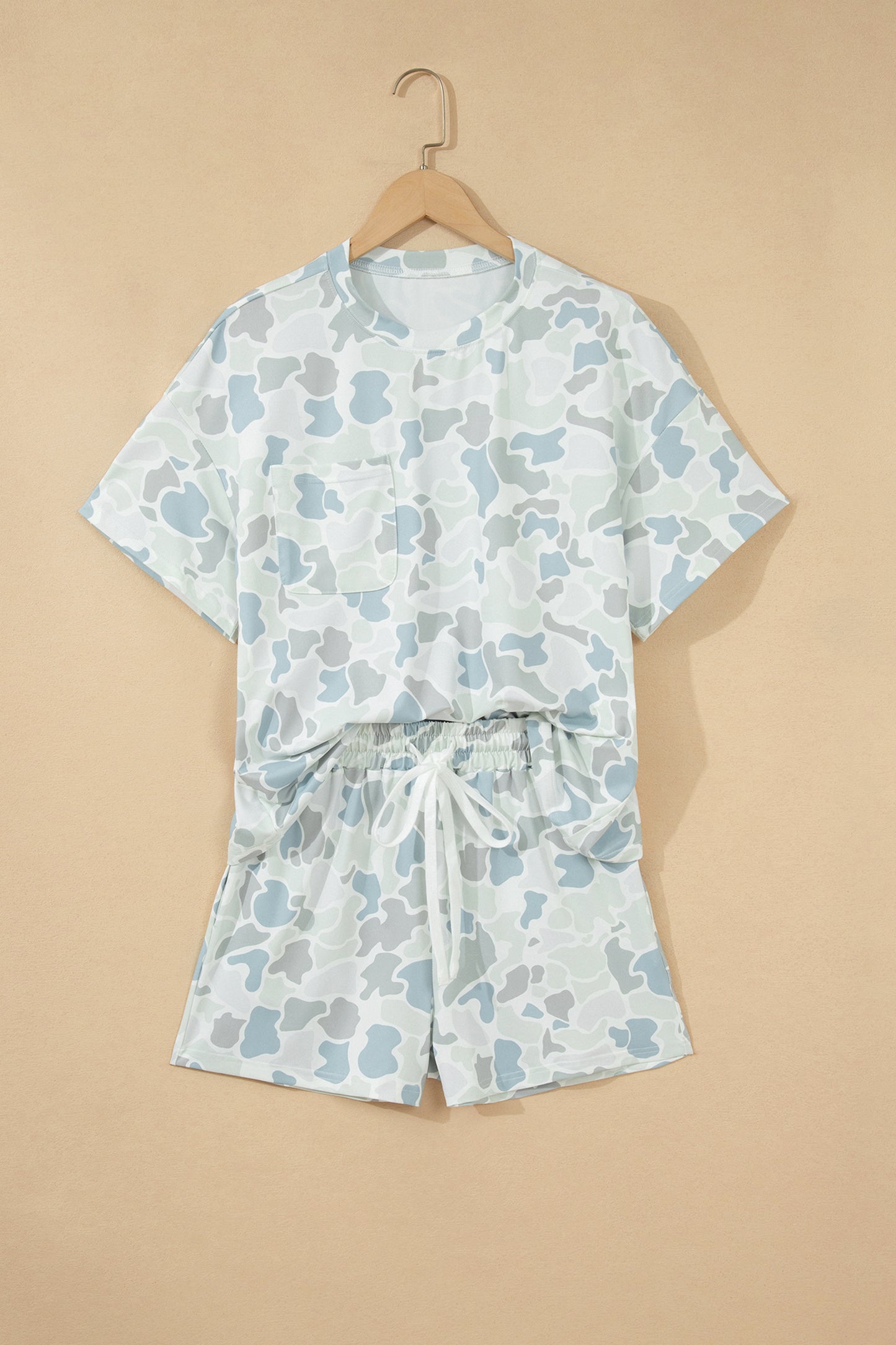 Multicolour Camouflage Print Casual Tee Drawstring Short Set