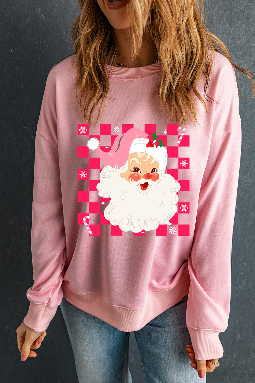 Sweat-shirt rose fantaisie à carreaux avec imprimé Père Noël