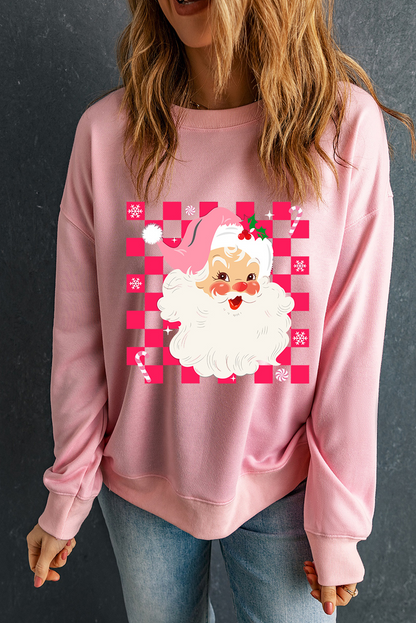 Sweat-shirt rose fantaisie à carreaux avec imprimé Père Noël