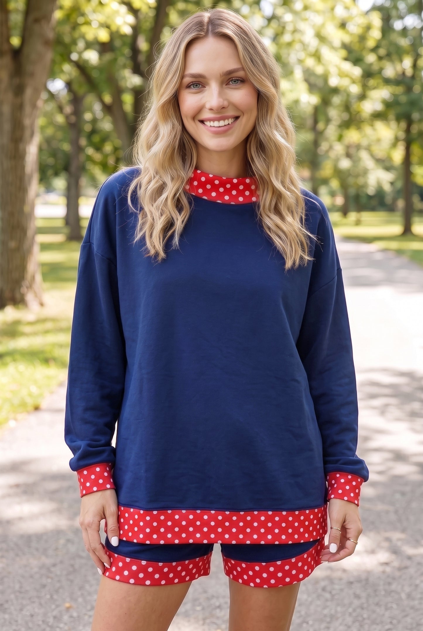Navy Blue Polka Dot Trim Baggy Pullover 2pcs Short Set