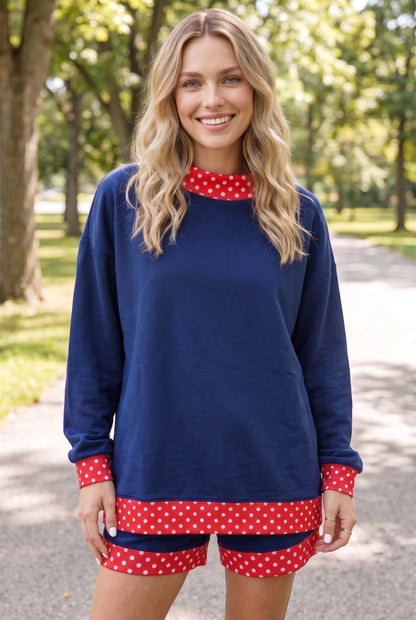 Navy Blue Polka Dot Trim Baggy Pullover 2pcs Short Set