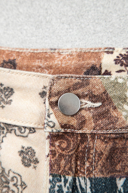 Khaki Western/ Patchwork Print Casual Shift Jeans