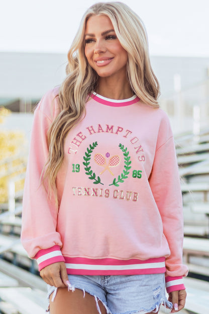 Pink Embroidered Tennis Club Crew Neck Pullover Sweatshirt