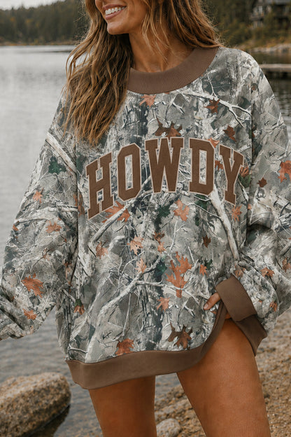 Gray Western Camo/Mallard Letter Print Baggy Pullover Sweatshirt