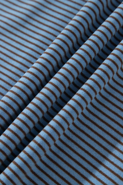 Blue Stripe Contrast Trim Round Neck Oversize Long Sleeve Top 2pcs Pant Set