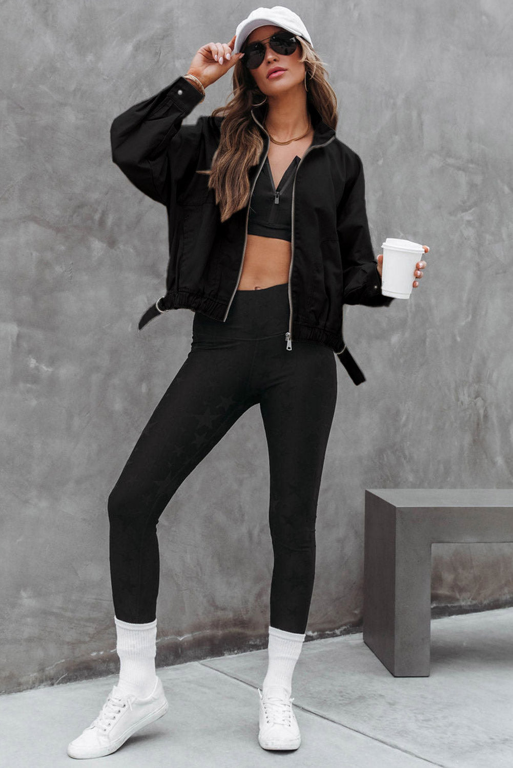 Chaqueta negra lisa con cremallera completa 