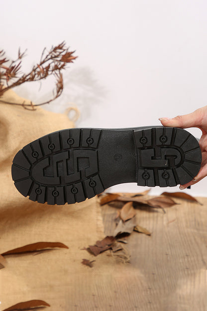 Coffee Wool Knit Patchwork Lace Up Leather Boots