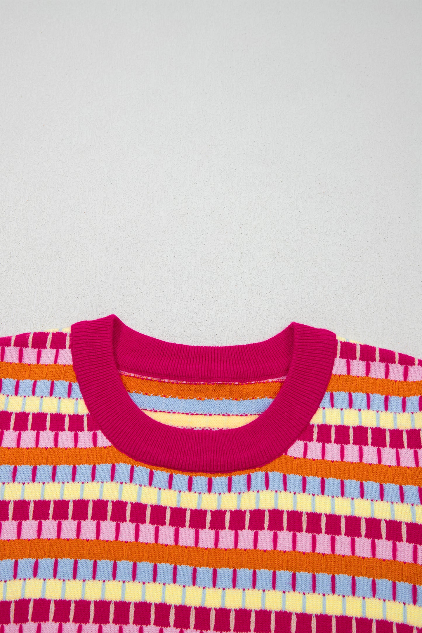 Rose Red Abstract Striped Knit Short Sleeve Sweater
