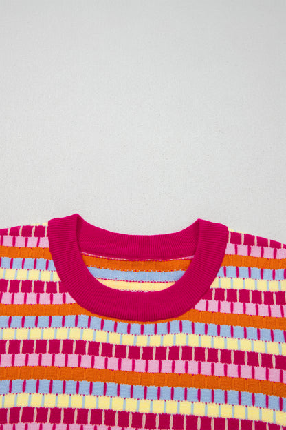 Rose Red Abstract Striped Knit Short Sleeve Sweater