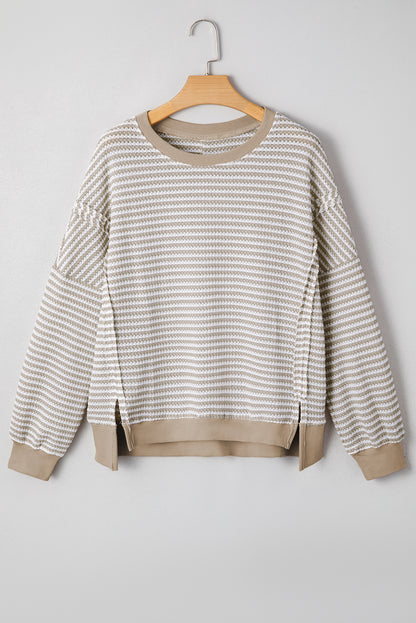 Red Stripe Ribbed Trim Drop Shoulder Long Sleeve Oversize Top