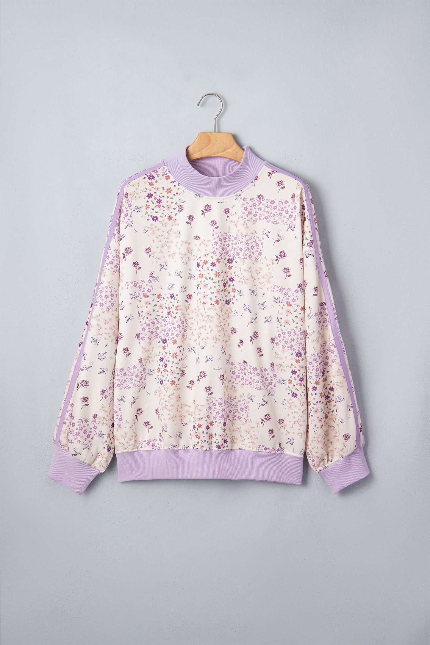 Purple Floral Print High Neck Colorblock Sleeve Paneling Sweatshirt