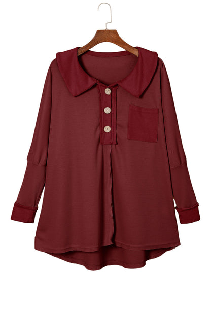 Top de manga larga con botones de punto tipo gofre marrón 